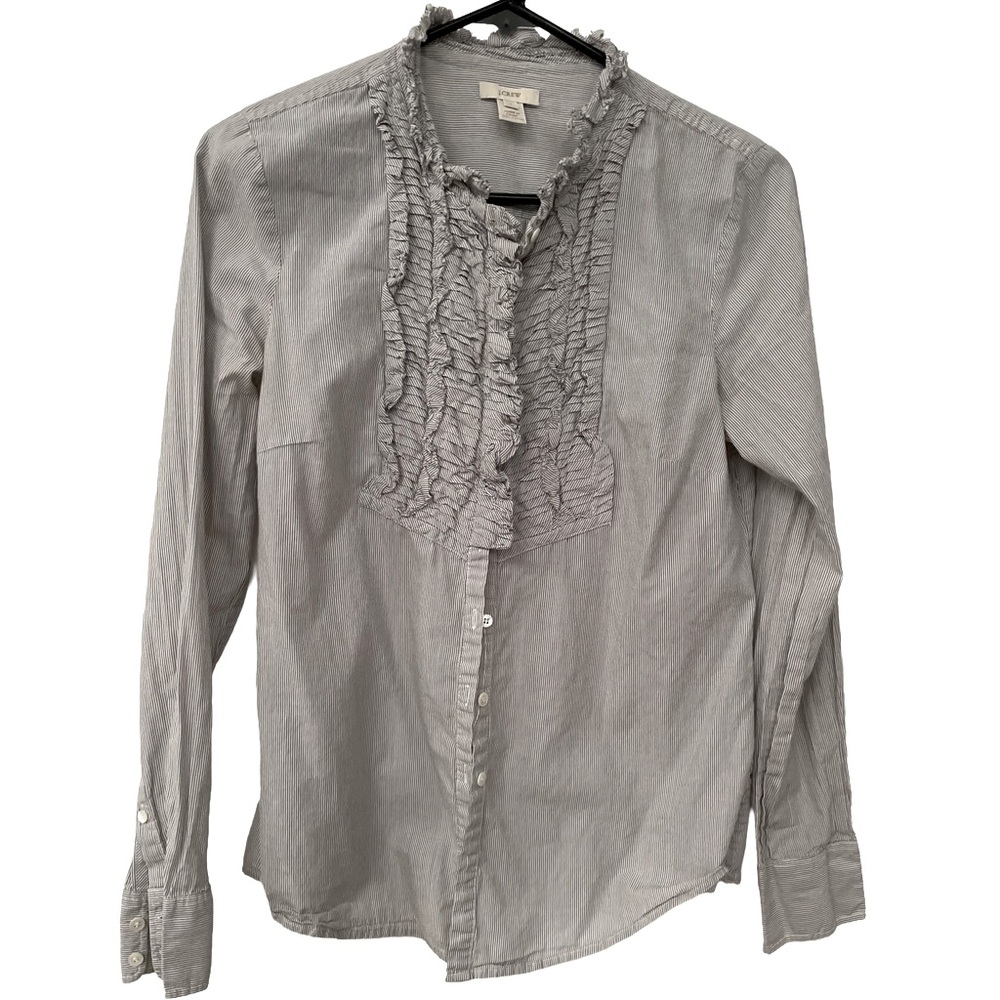 J. Crew Gray Ruffled Pinstriped Shirt Sz 4